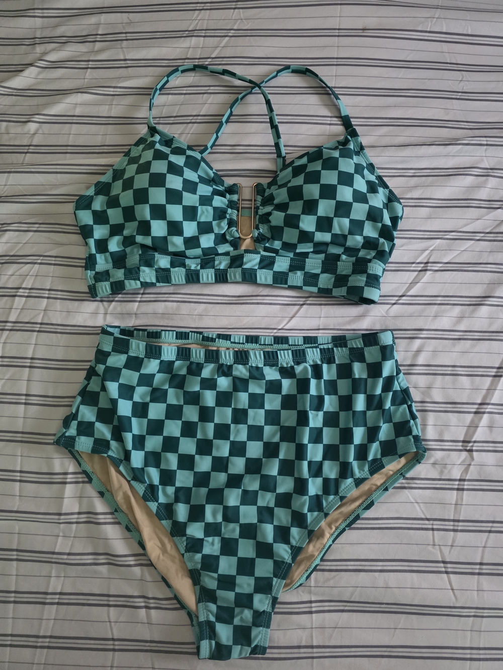 High-Waist Checkered Turquoise Women’s Swim Set